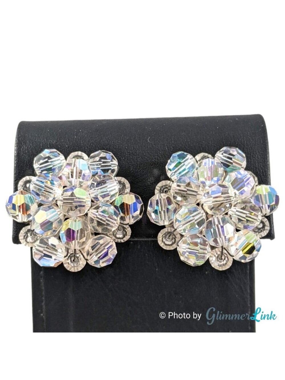 Vintage Aurora Borealis Glass Bead Floral Cluster Clip On Earrings